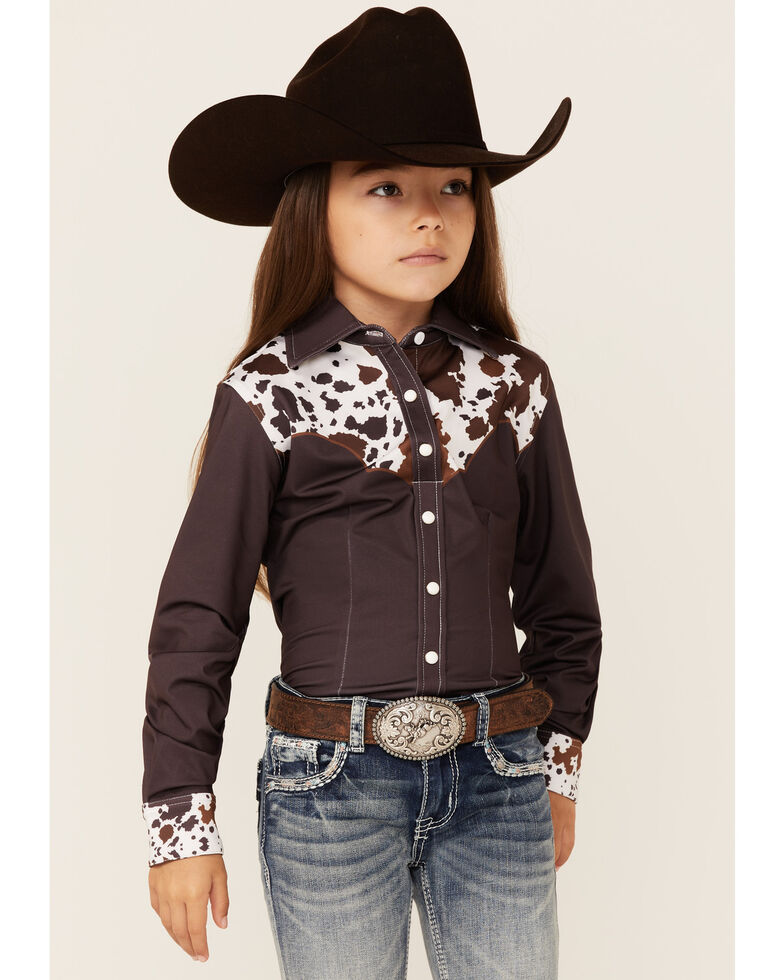 Ranch Dress'n Girls' Cattle Drive Print Yoke Long Sleeve Snap Western Core Shirt , Brown, hi-res