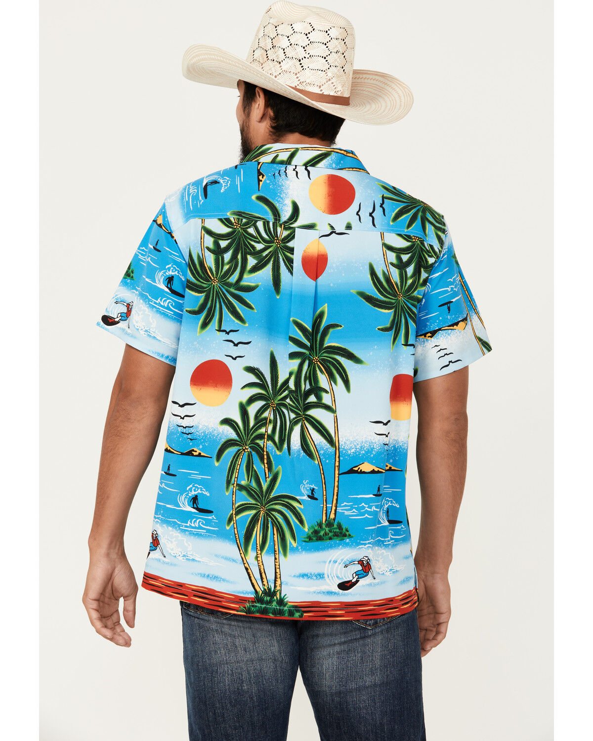 Image #4 - Cinch Men's Camp Ocean And Palm Trees Short Sleeve Button-Down Shirt, Blue, hi-res