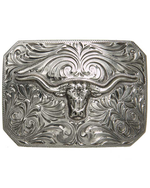 AndWest Antique Silver Longhorn Iconic Buckle, Silver, hi-res