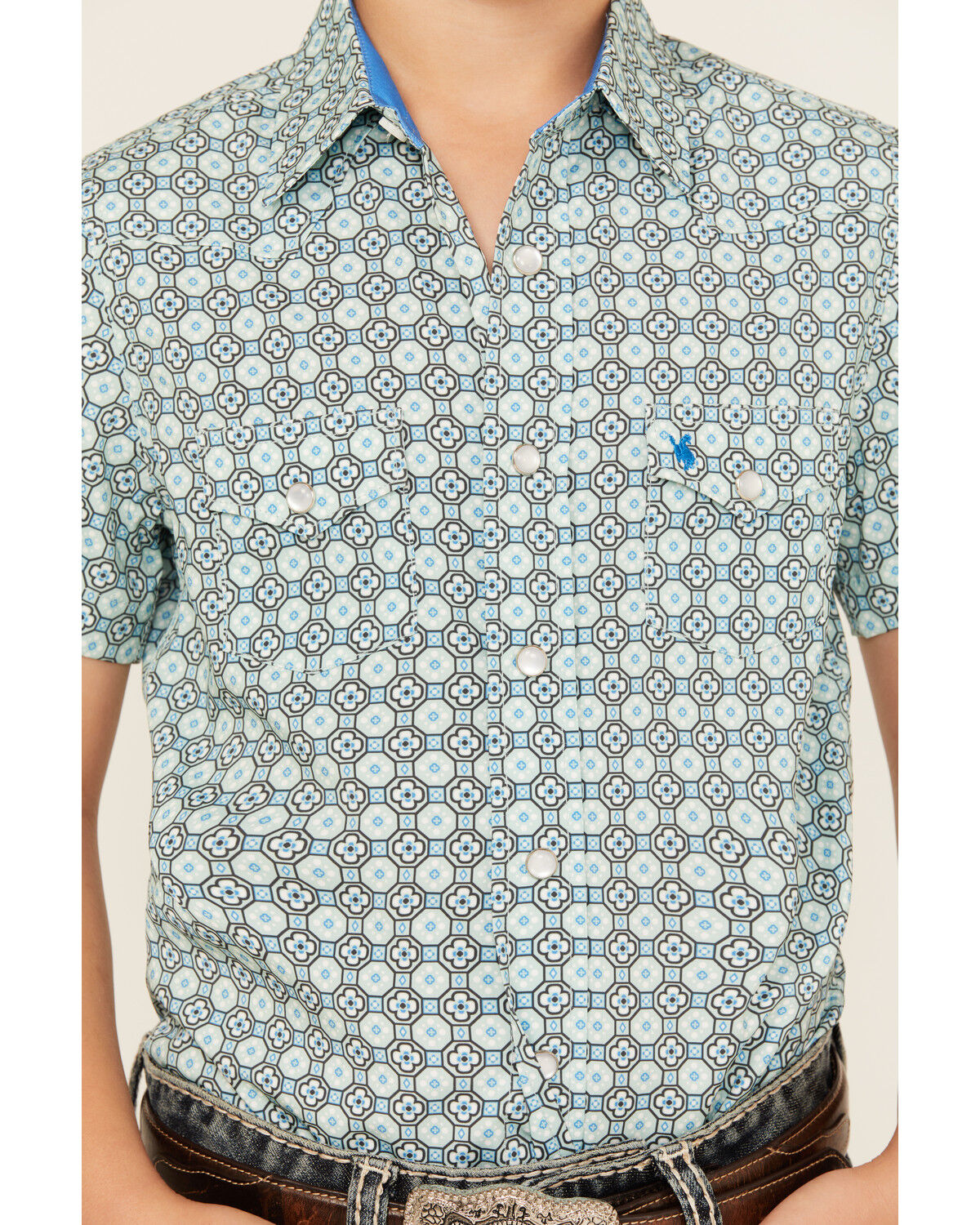 Image #3 - Rodeo Clothing Boys' Medallion Print Short Sleeve Pearl Snap Western Shirt, Teal, hi-res