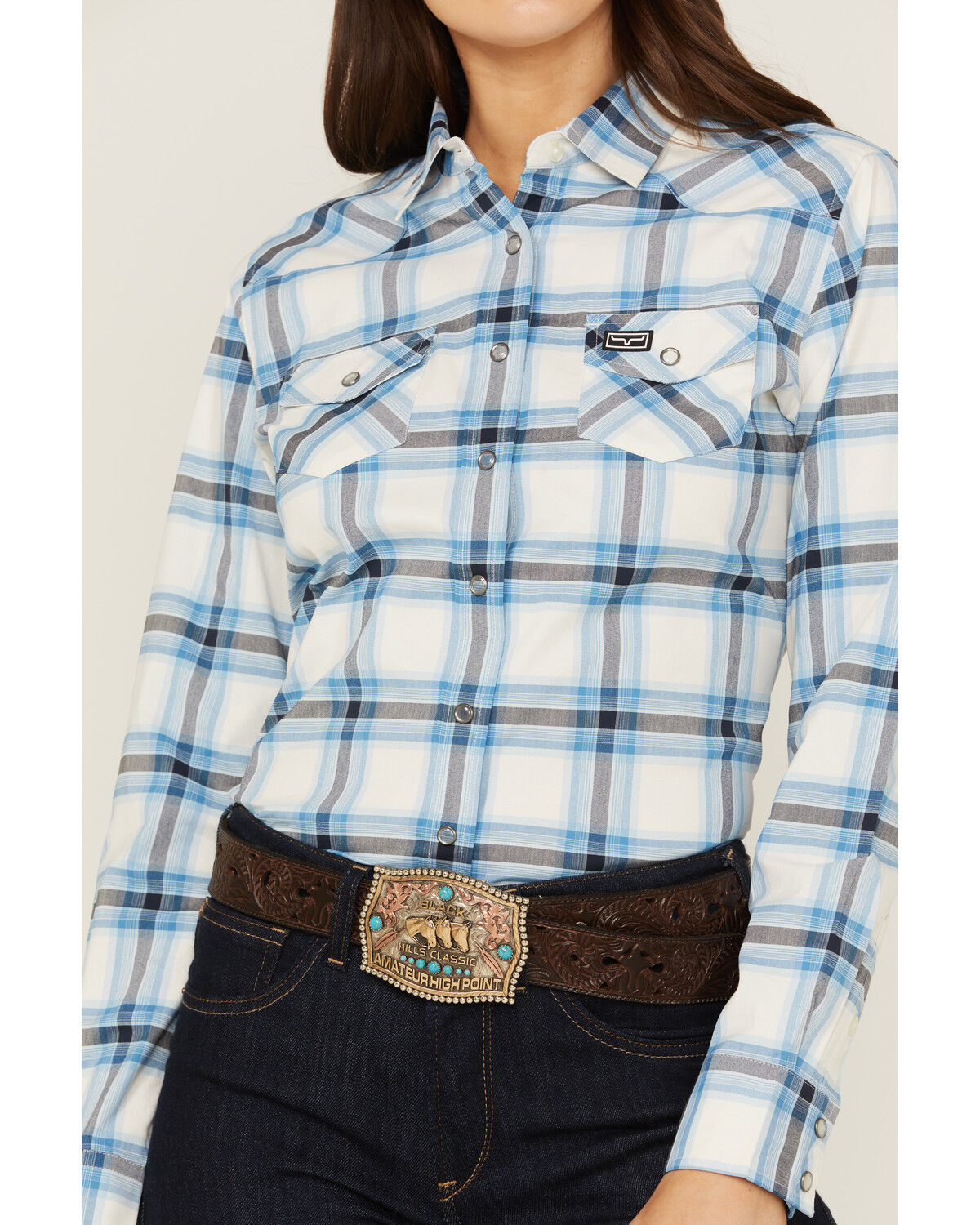 Image #4 - Kimes Ranch Women's Matadora Plaid Print Long Sleeve Western Snap Shirt, Blue, hi-res