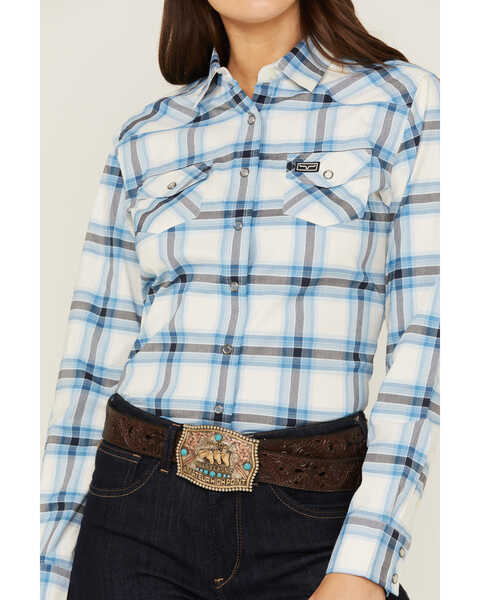 Image #4 - Kimes Ranch Women's Matadora Plaid Print Long Sleeve Western Snap Shirt, Blue, hi-res