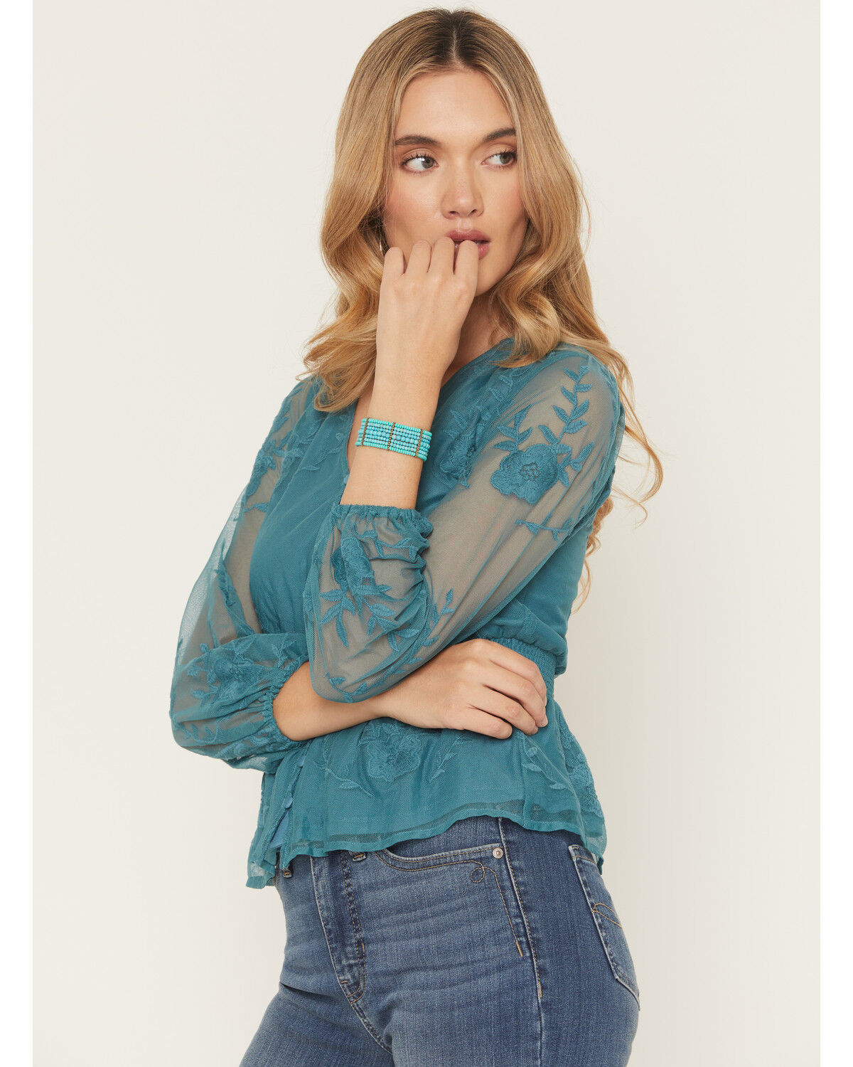 Image #2 - Shyanne Women's Embroidered Mesh Long Sleeve Button-Down Shirt, Turquoise, hi-res