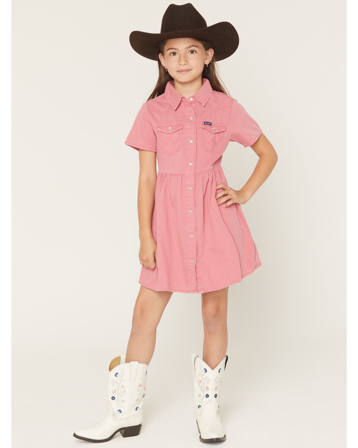 Image #1 - Wrangler Girls' Solid Shirt Sleeve Snap Denim Dress, Pink, hi-res