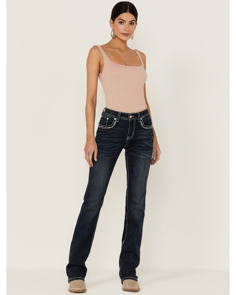 Grace in LA Women's Mid Feather Americana Patch Pocket Bootcut Jeans, Blue, hi-res