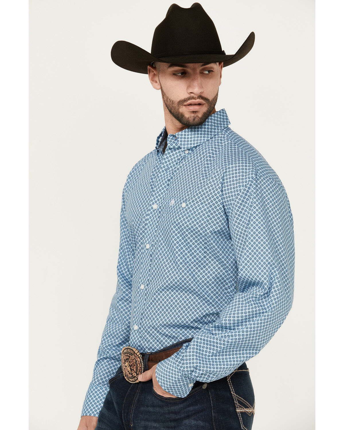 Image #2 - Wrangler Men's Classic Geo Print Long Sleeve Button-Down Western Shirt, Blue, hi-res