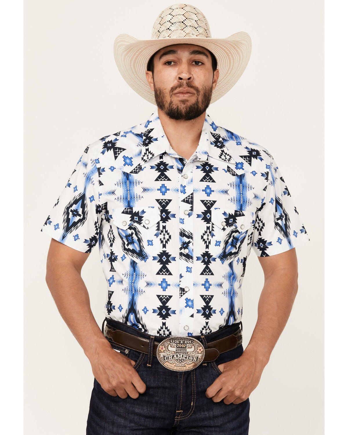 Rock & Roll Denim Men's Southwestern Print Short Sleeve Snap Stretch Western Shirt, White, hi-res