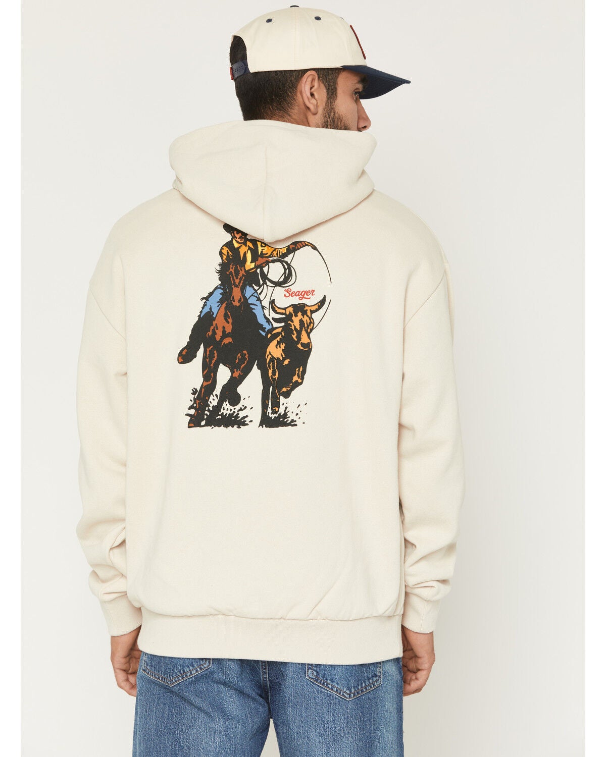 Image #1 - Seager Men's Rodeo Series Graphic Hooded Sweatshirt, Ivory, hi-res
