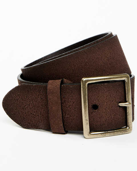Brothers and Sons Men's Brown Brass Buckle & Roughout Leather Belt, Brown, hi-res