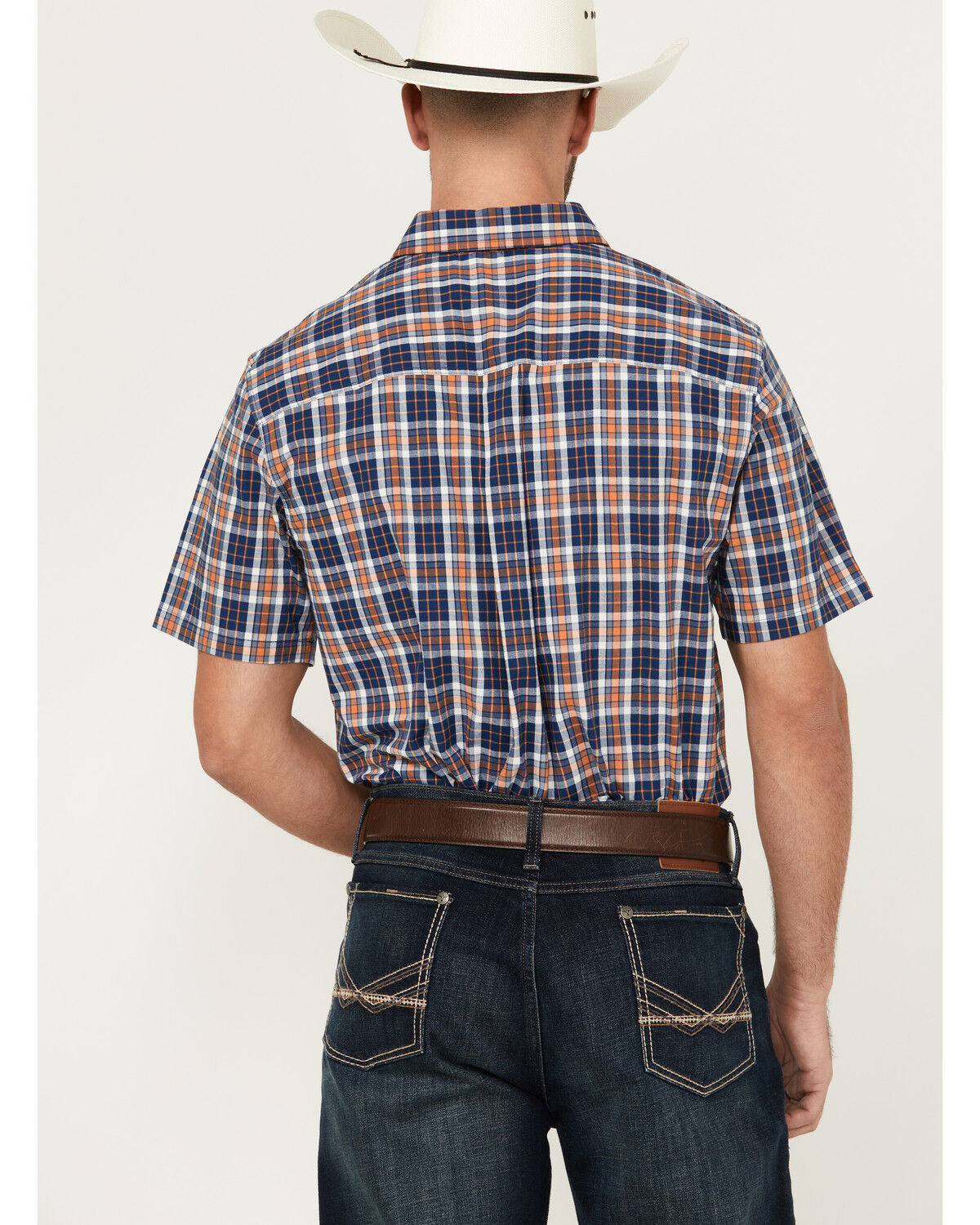 Image #4 - Cody James Men's Tequila Sunrise Plaid Print Short Sleeve Button-Down Stretch Western Shirt, Navy, hi-res