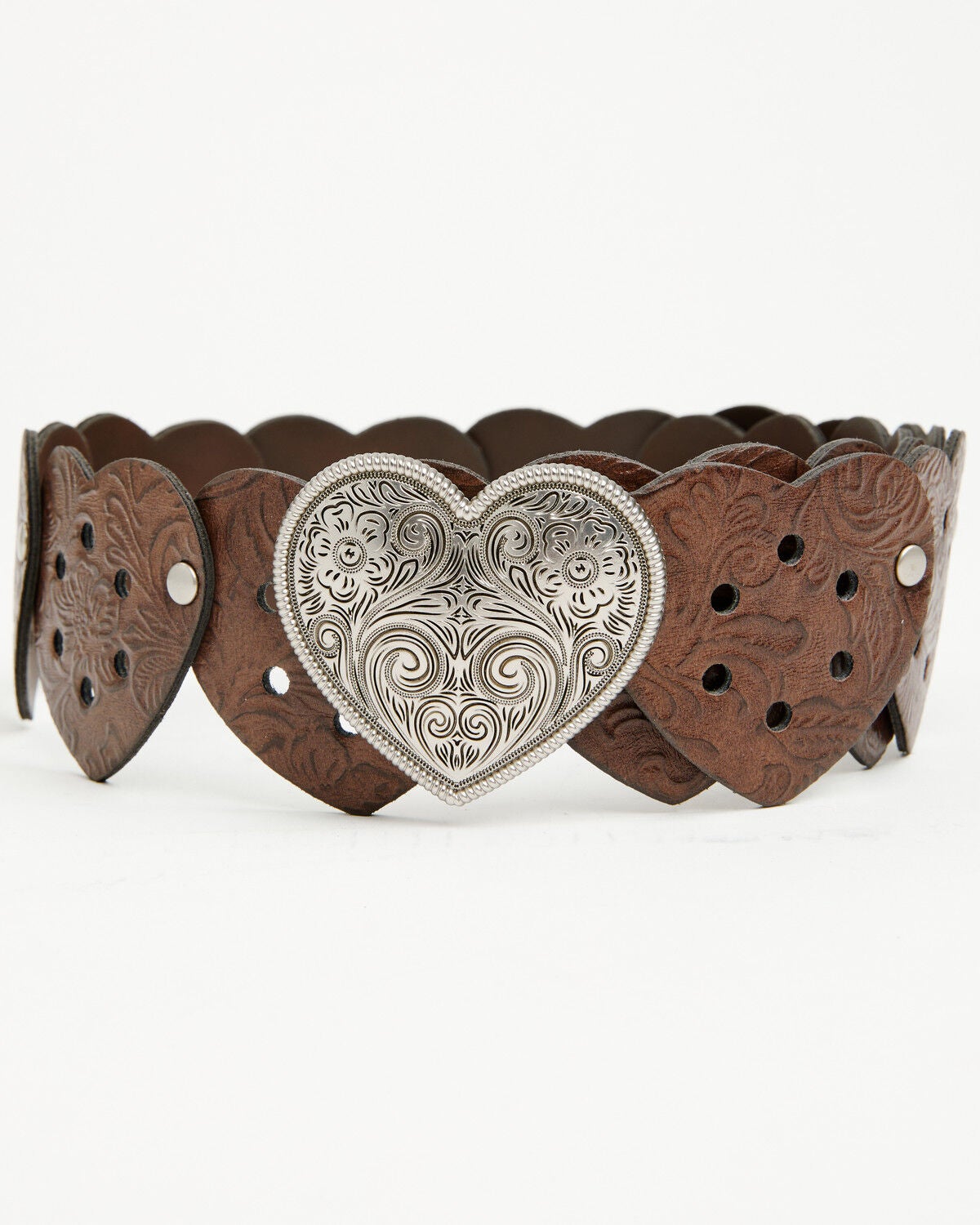 Shyanne Girls' Marigold Heart Plaque Leather Strap Belt, Brown, hi-res