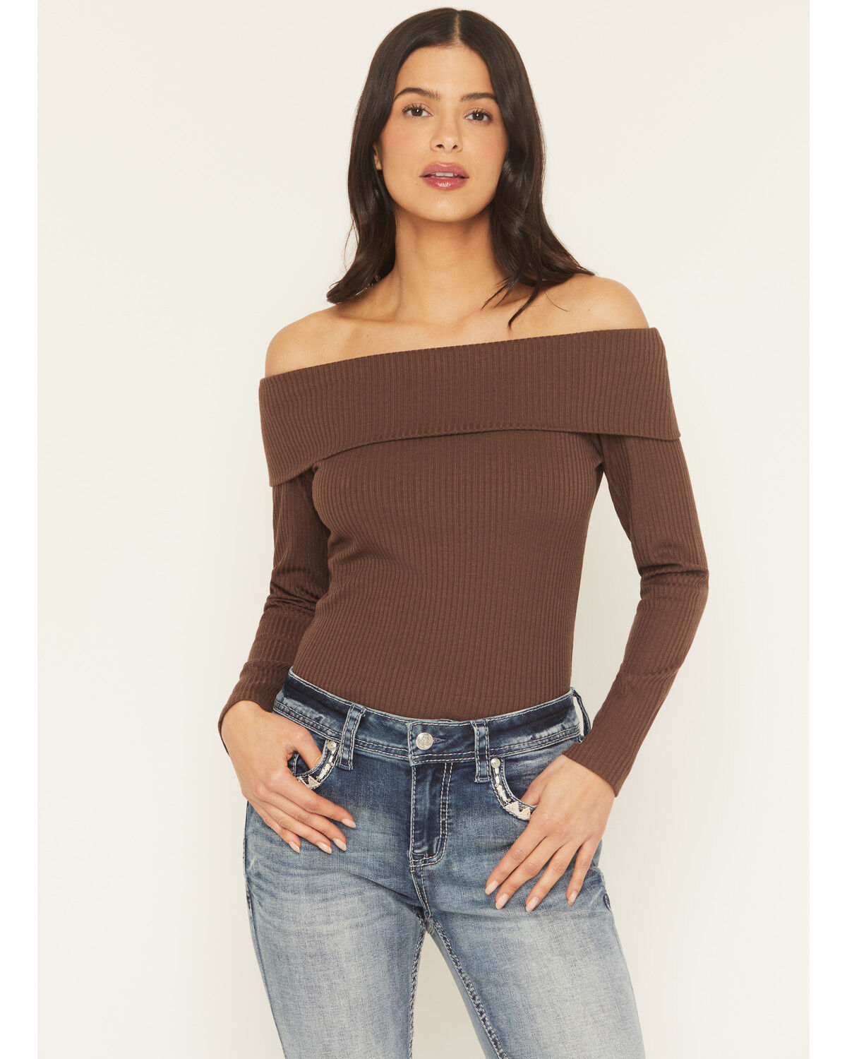 Image #1 - Shyanne Women's Rib Knit Off The Shoulder Long Sleeve Shirt, Brown, hi-res
