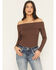 Image #1 - Shyanne Women's Rib Knit Off The Shoulder Long Sleeve Shirt, Brown, hi-res