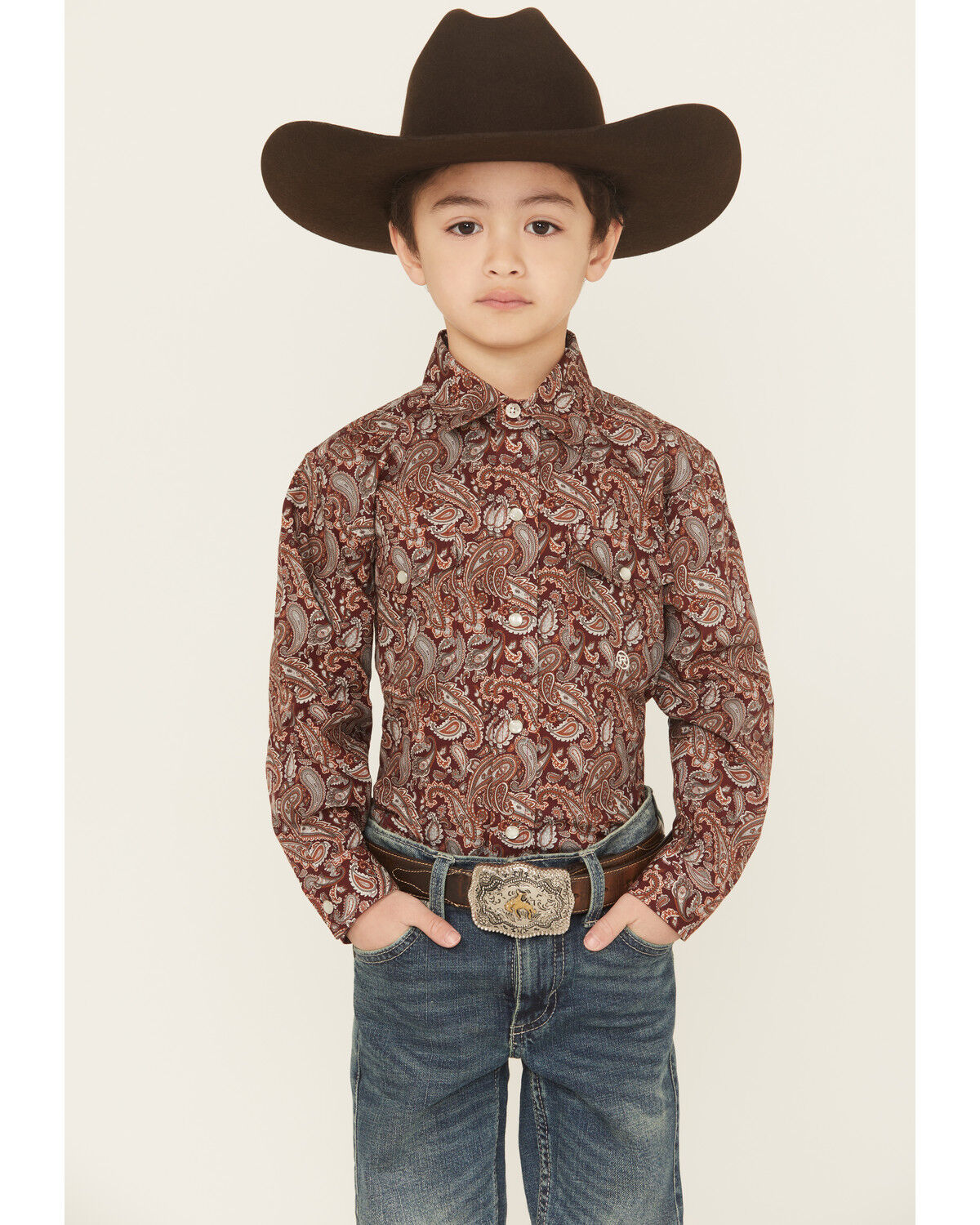 Image #1 - Roper Boys' Paisley Print Long Sleeve Pearl Snap Western Shirt, Wine, hi-res