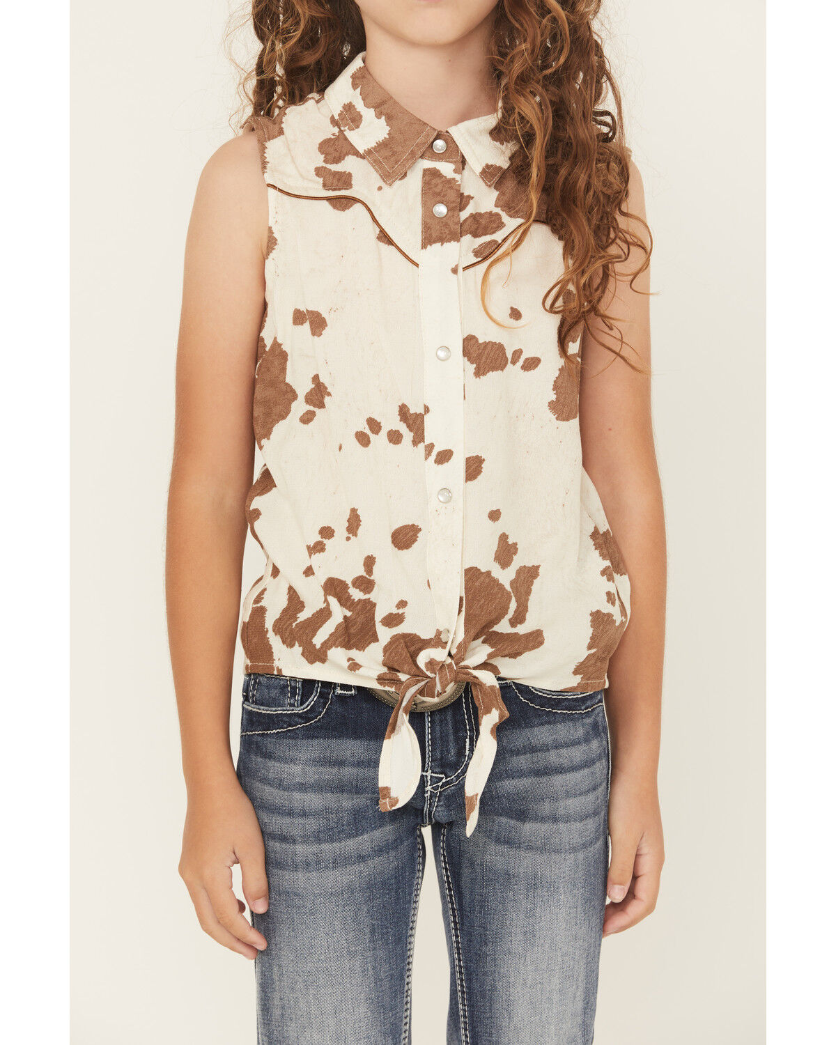 Image #3 - Shyanne Girls' Cow Print Sleeveless Pearl Snap Tie-Front Top, Coffee, hi-res