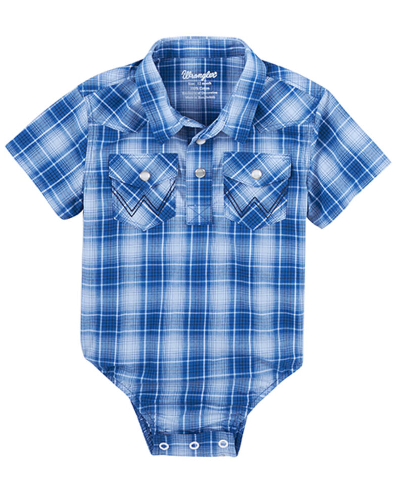 Wrangler Infant-Girls' Plaid Print Short Sleeve Western Snap Onesie, Blue, hi-res