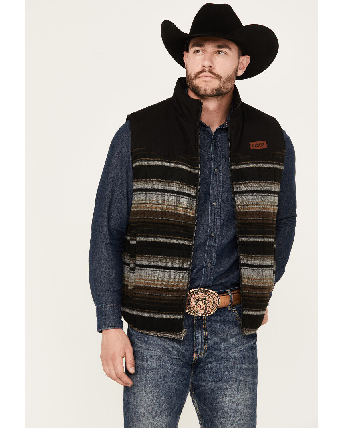 Image #5 - Cinch Men's Canvas Reversible Quilted Striped Zip Vest, Brown, hi-res