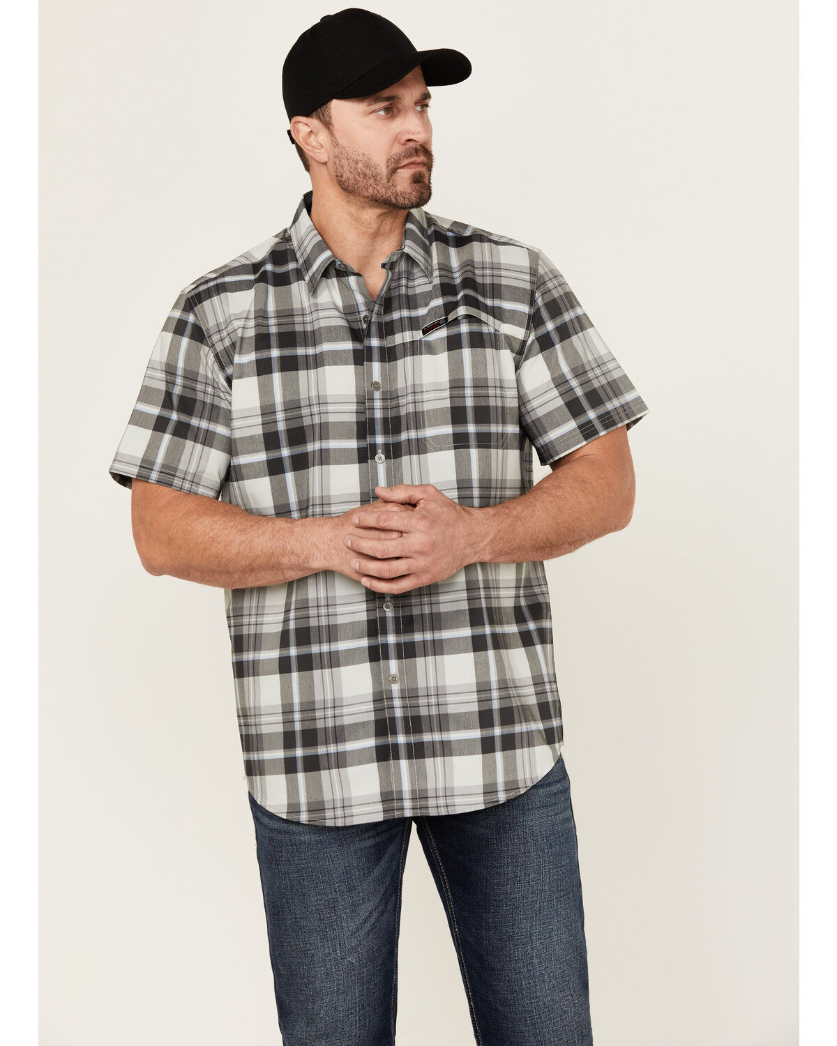 Image #1 - ATG by Wrangler Cedar Plaid Print Short Sleeve Button-Down Performance Western Shirt, Black, hi-res