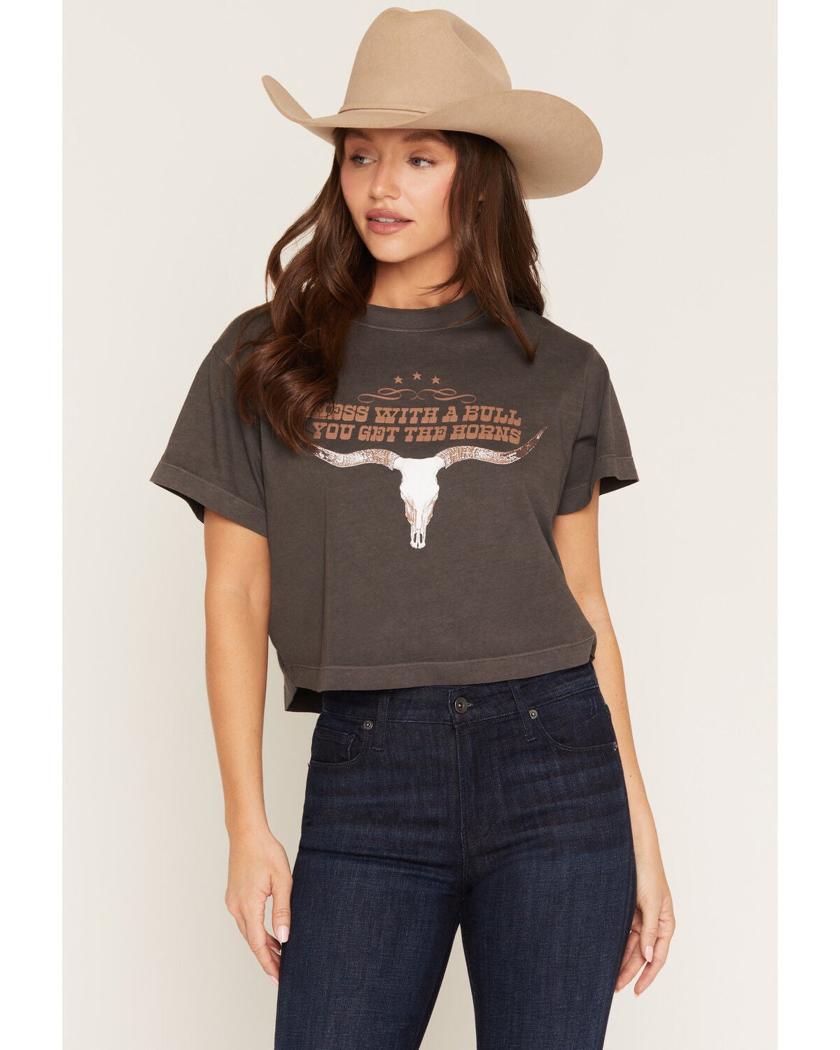 Girl Dangerous Women's Steer Horns Short Sleeve Cropped Graphic Tee, Black, hi-res