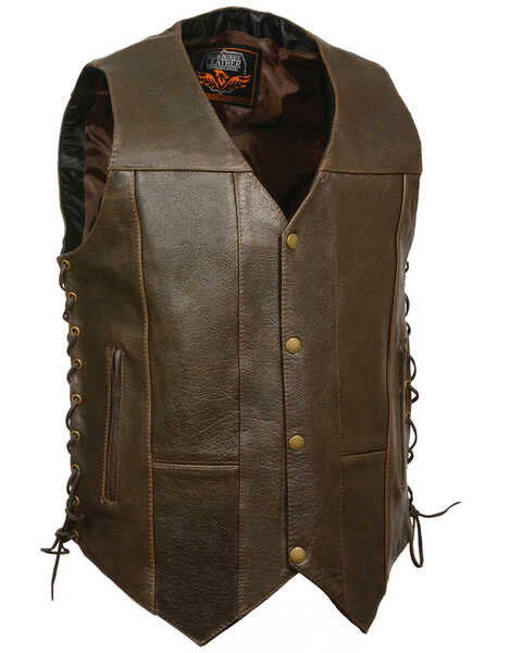 Milwaukee Leather Men's Retro 10 Pocket Side Lace Vest - XBig, Brown, hi-res