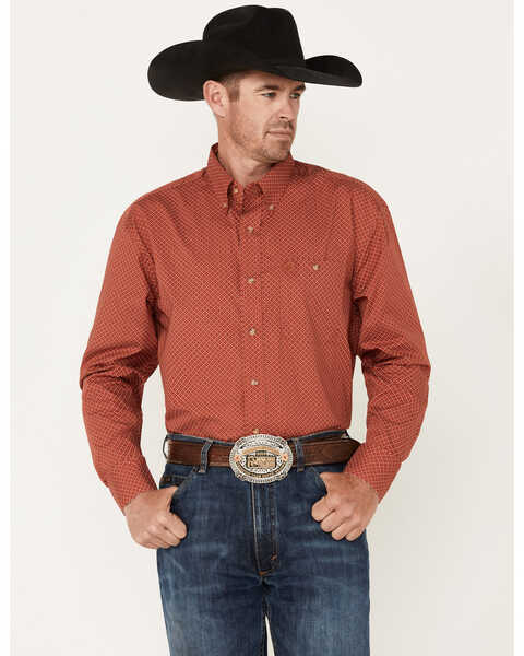 George Strait by Wrangler Men's Long Sleeve Button Down One Pocket Printed Western Shirt, Red, hi-res