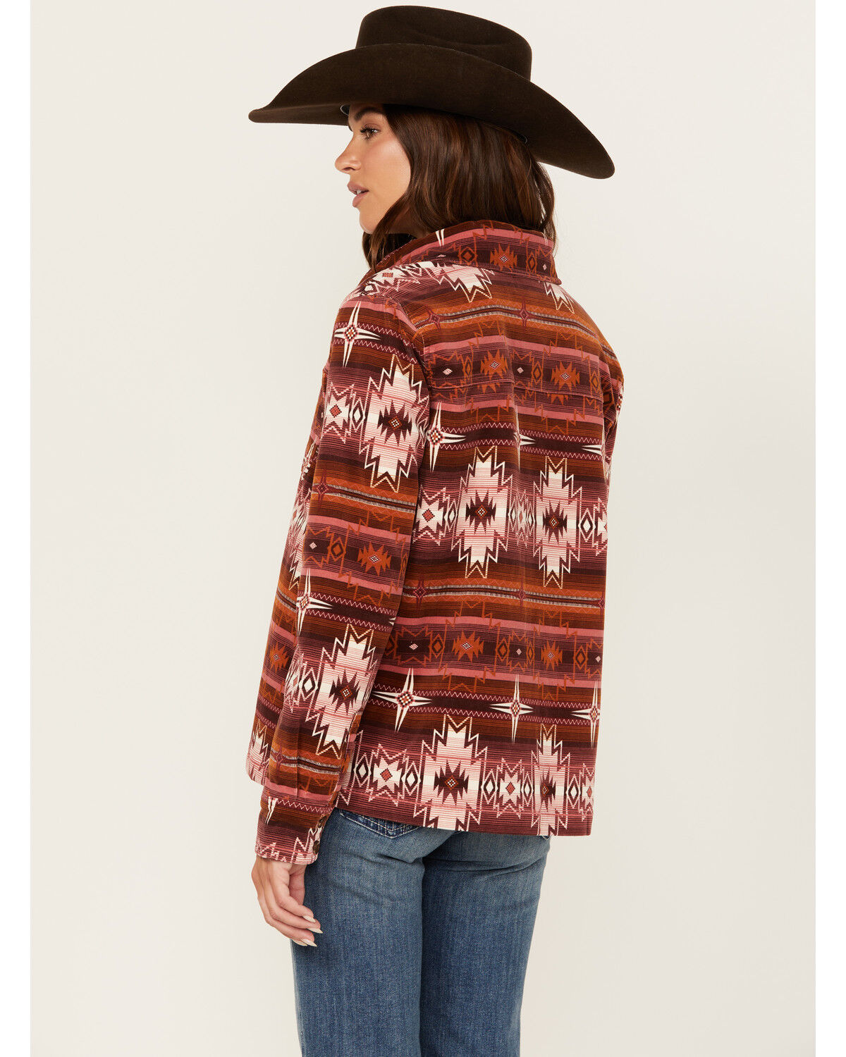 Image #4 - Shyanne Women's Southwestern Striped Print Corduroy Barn Shacket, Mahogany, hi-res