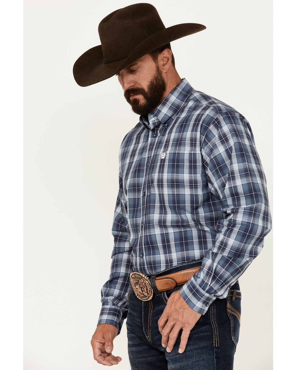 Image #2 - Cinch Men's Plaid Print Long Sleeve Button-Down Western Shirt, Blue, hi-res