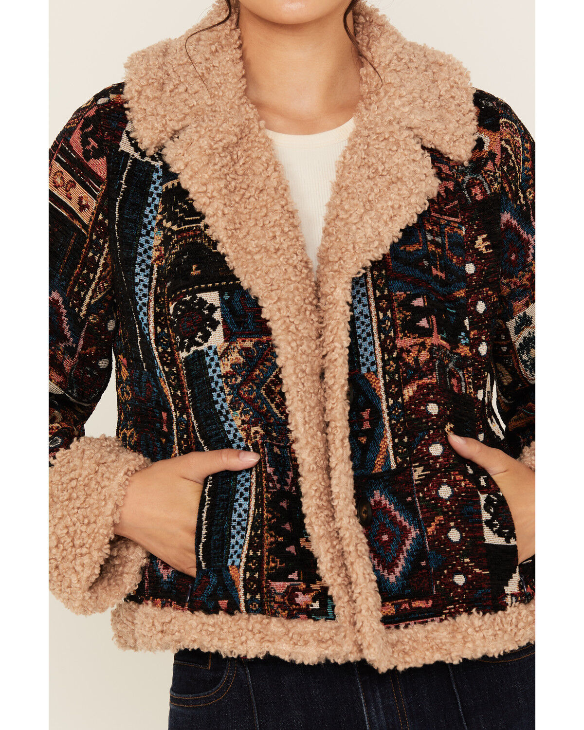 Image #3 - Shyanne Women's Tapestry Sherpa Lined Button-Down Cropped Jacket, Navy, hi-res
