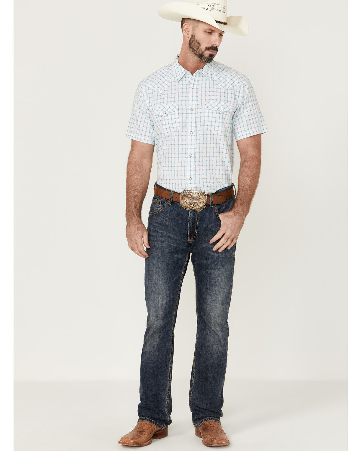 Image #2 - Moonshine Spirit Men's River Delta Small Plaid Short Sleeve Pearl Snap Western Shirt, Cream, hi-res