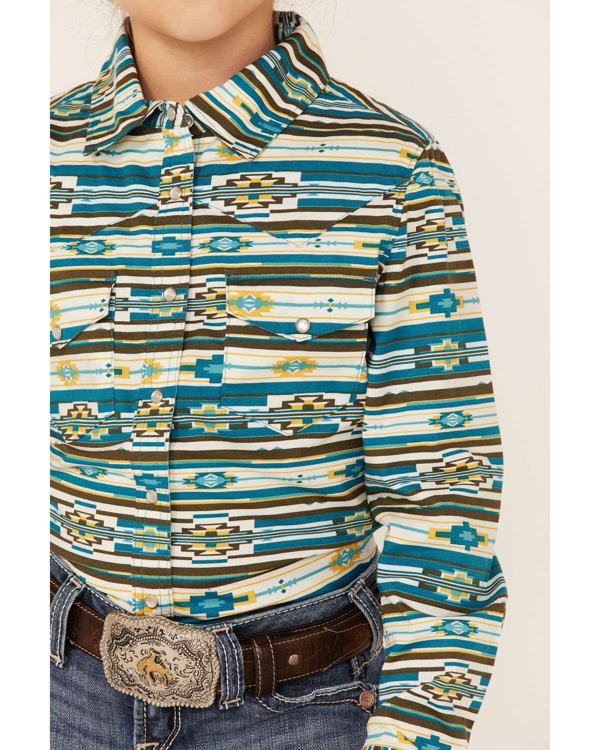 Image #2 - RANK 45® Girls' Southwestern Print Long Sleeve Pearl Snap Western Shirt, , hi-res