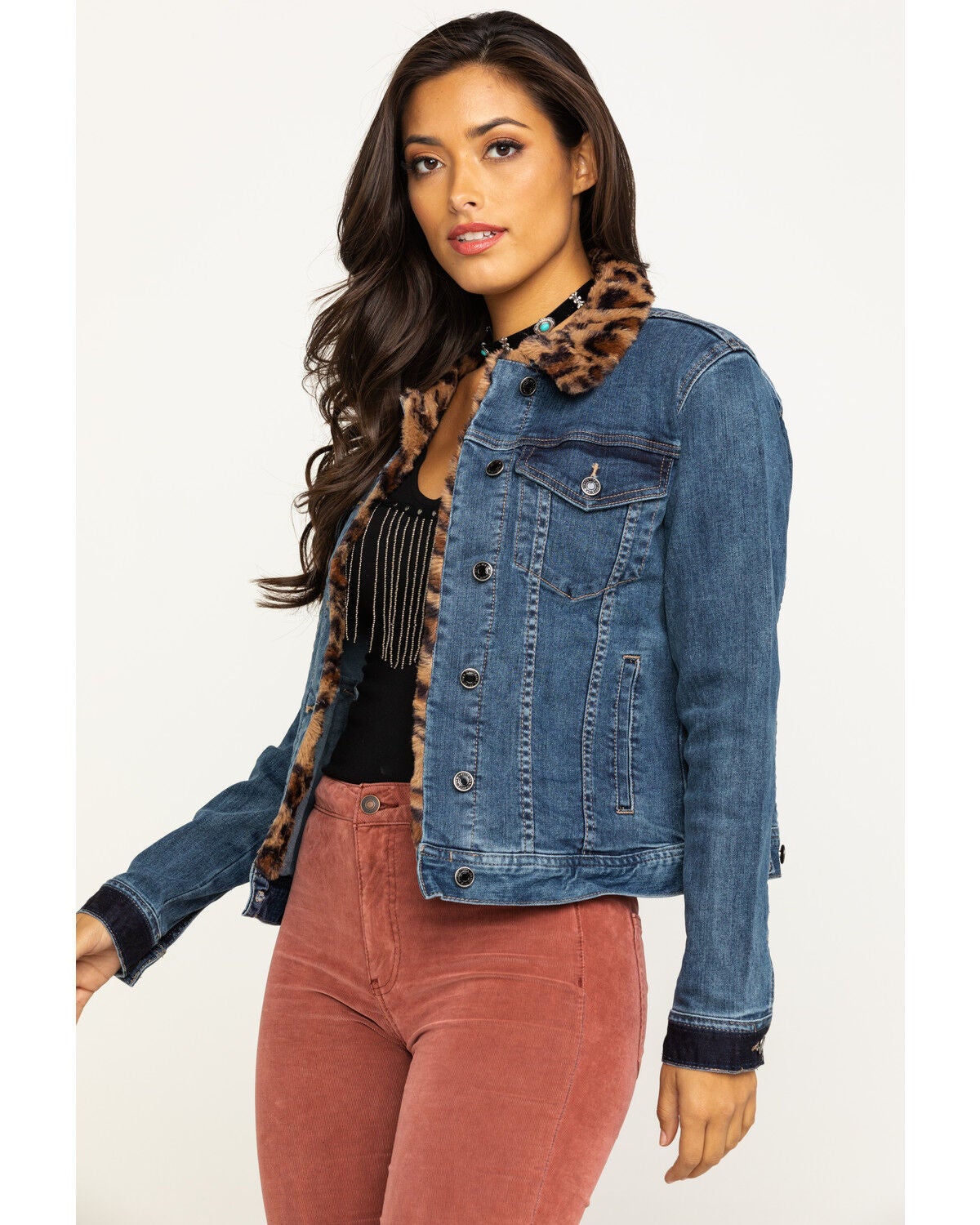 denim jacket with leopard collar