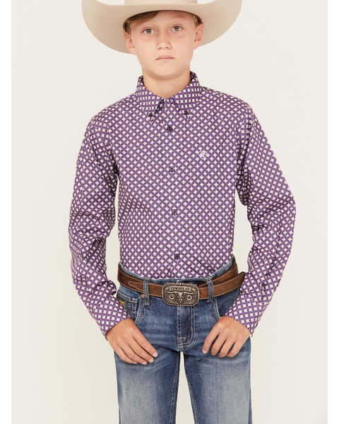 Image #1 - Ariat Boys' Misael Print Classic Fit Long Sleeve Button Down Western Shirt, Purple, hi-res