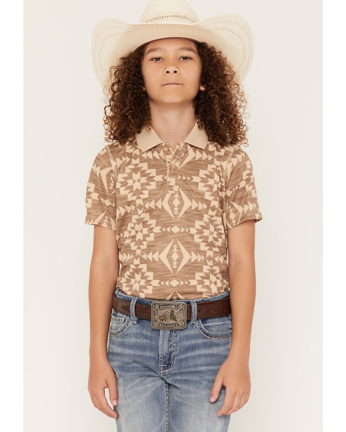 RANK 45&reg; Boys' Southwestern Print Short Sleeve Button-Down Polo Shirt, Tan, hi-res