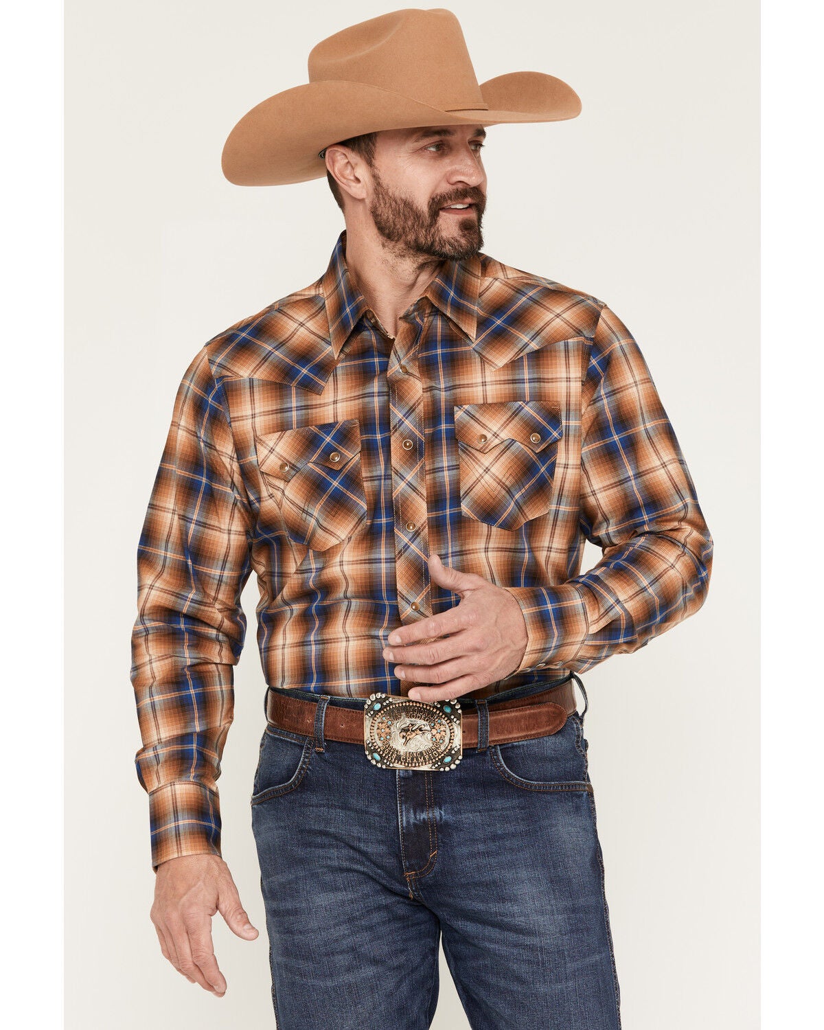 Wrangler Retro Men's Plaid Print Long Sleeve Snap Western Shirt, Brown, hi-res