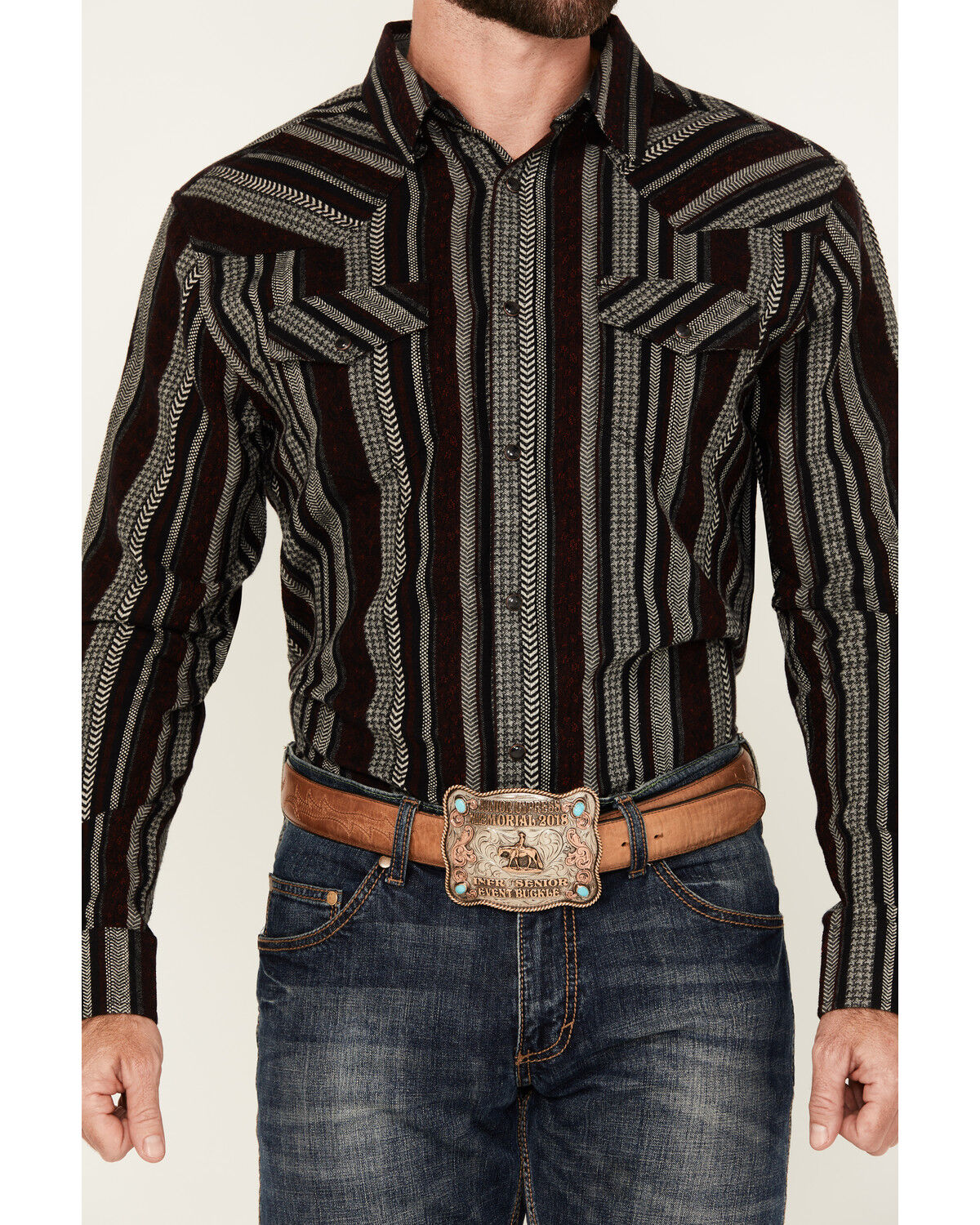 Image #2 - Cody James Men's Caspian Serape Striped Long Sleeve Snap Western Shirt, Burgundy, hi-res