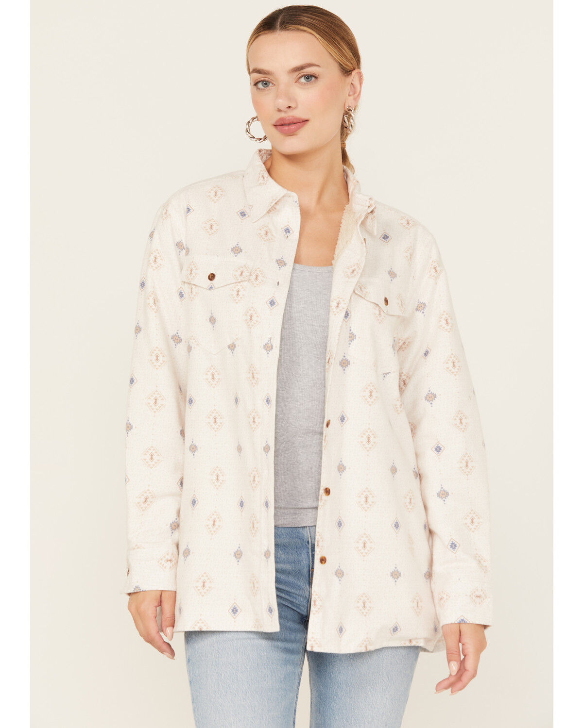 Image #1 - Ely Walker Women's Southwestern Print Sherpa Lined Flannel, Oatmeal, hi-res