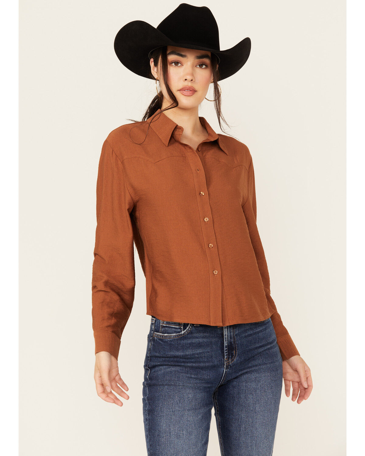 Image #1 - Evergreen Women's Solid Long Sleeve Button-Down Western Shirt, Caramel, hi-res