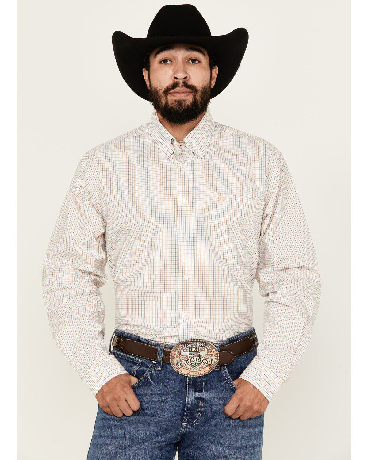 Image #1 - Cinch Men's Checkered Print Long Sleeve Button-Down Western Shirt, White, hi-res