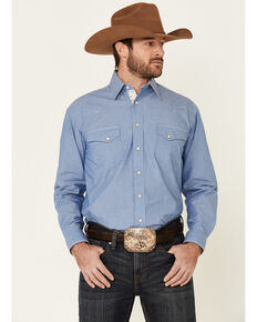 Rough Stock By Panhandle Men's Blue Chambray Fancy Snap Long Sleeve Western Shirt , Blue, hi-res