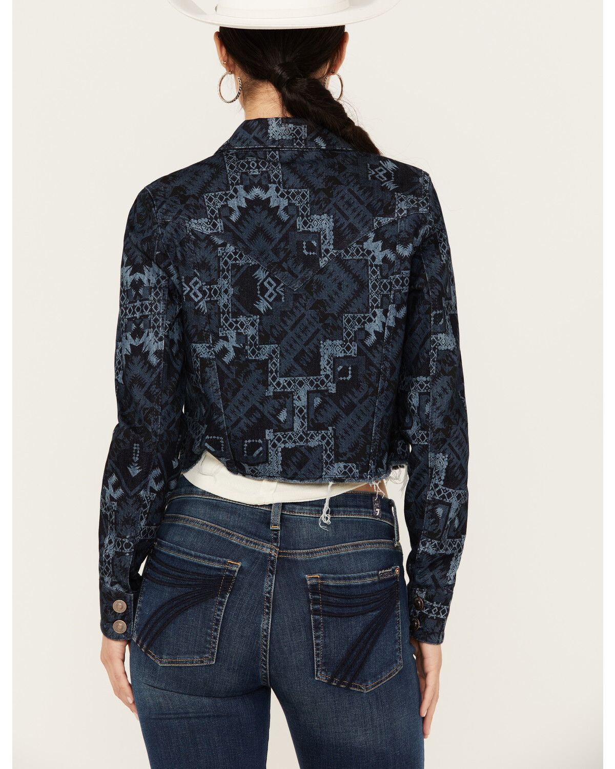 Image #4 - Shyanne Women's Printed Cropped Frayed Jacket, Dark Wash, hi-res