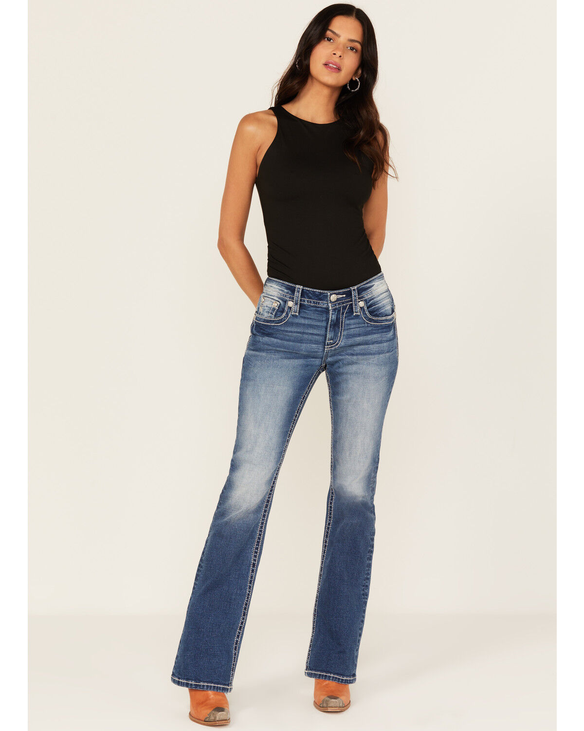 Image #3 - Miss Me Women's Medium Wash Mid Rise Southwestern Print Pocket 32" Bootcut Stretch Denim Jeans, Medium Wash, hi-res