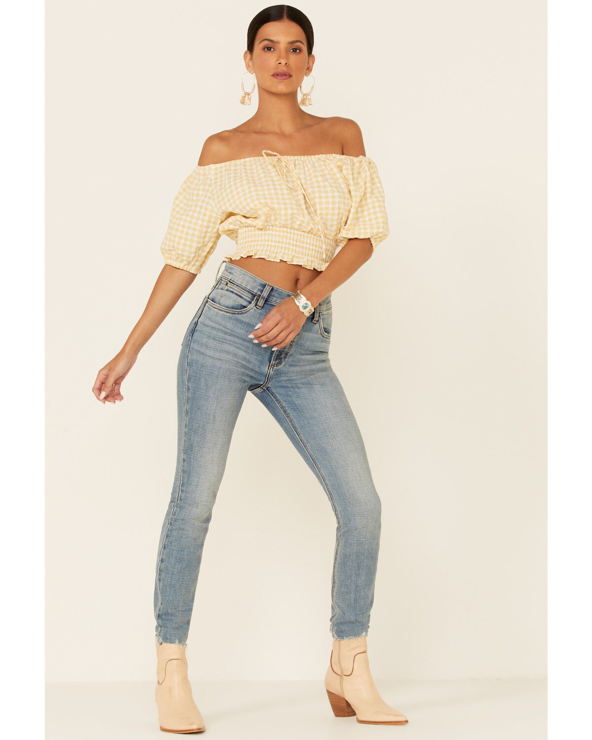 Image #2 - Beyond The Radar Women's Gingham Off-Shoulder Peasant Crop Top, Mustard, hi-res