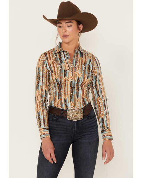 Rock & Roll Denim Southwestern Print Long Sleeve Snap Stretch Western Shirt, Brown, hi-res