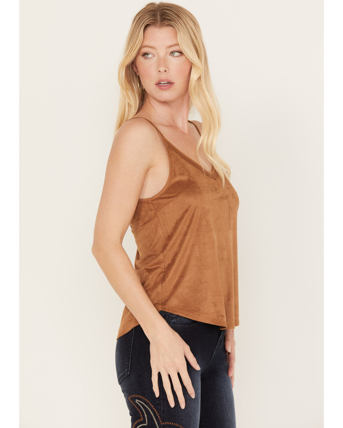 Image #2 - Shyanne Women's Crochet Lace Faux Suede Cami Top, Brown, hi-res