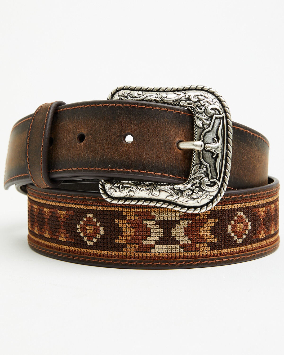 Image #1 - Cody James Men's Southwestern Needlepoint Inlay Leather Belt, Dark Brown, hi-res