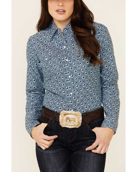 Image #3 - Amarillo Women's Oxford Horse Print Long Sleeve Pearl Snap Western Shirt , , hi-res