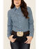 Amarillo Women's Oxford Horse Print Long Sleeve Pearl Snap Western Shirt , Blue, hi-res