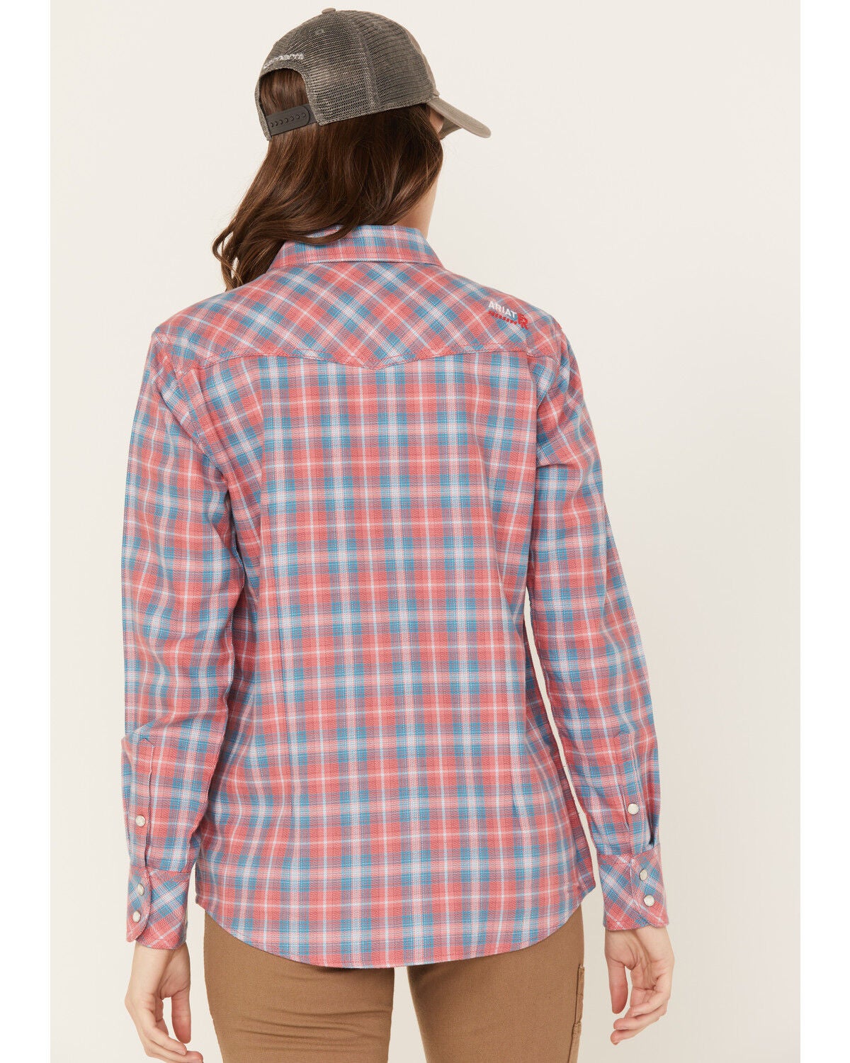 Image #3 - Ariat Women's FR Plaid Print Long Sleeve Button-Down Work Shirt, Coral, hi-res