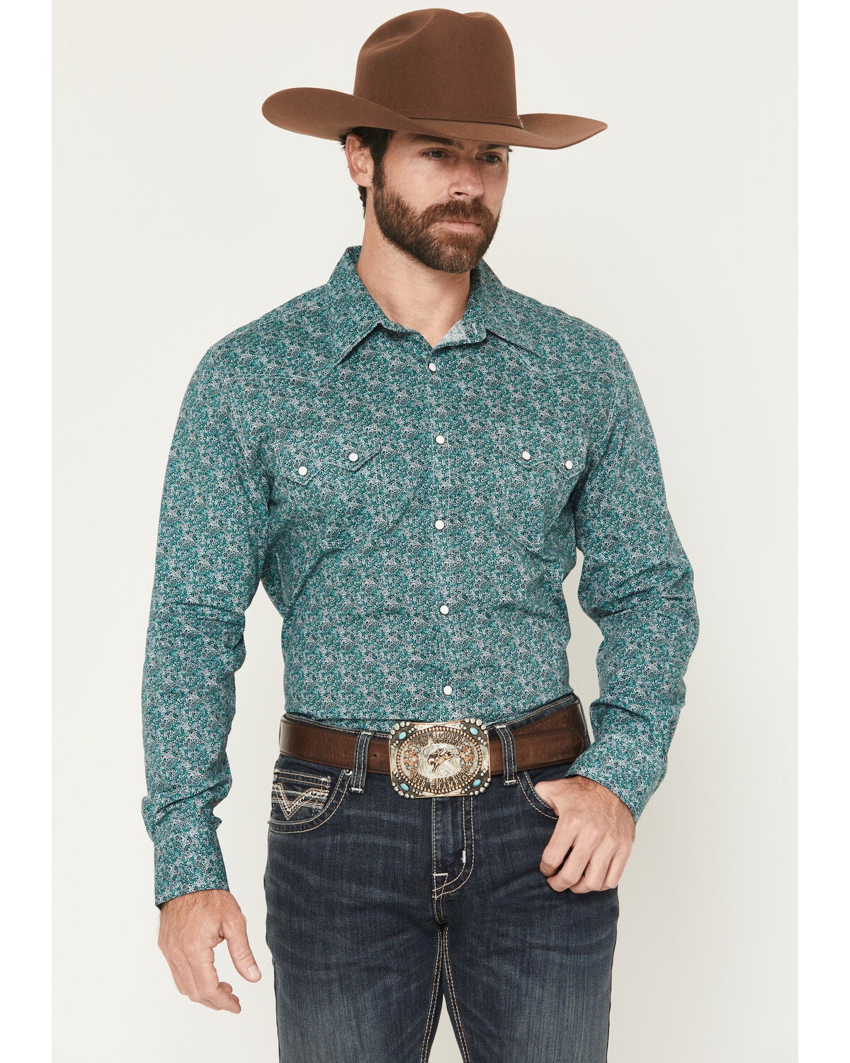Image #1 - Rock & Roll Denim Men's Floral Print Long Sleeve Snap Stretch Western Shirt, Turquoise, hi-res