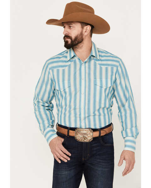 Roper Men's KC Striped Long Sleeve Pearl Snap Western Shirt, Blue, hi-res